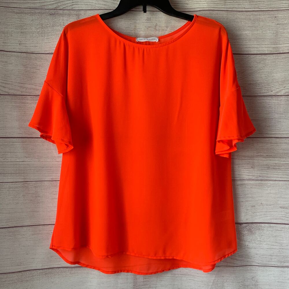 Chris & Carol Neon Orange Blouse Sheer Lightweight Ruffle Sleeve Size Small